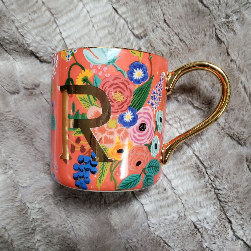 Anthropologie RIFLE Paper Co. Floral Mug with Gold Handle &  R Monogram